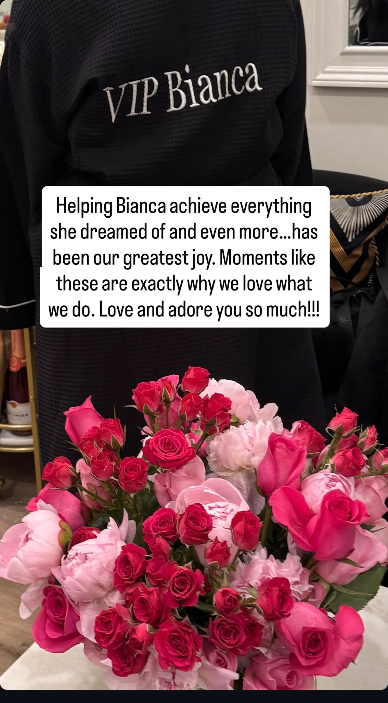 VIP Bianca — personalized robe and bouquet celebrating her skin transformation at LeMed Spa